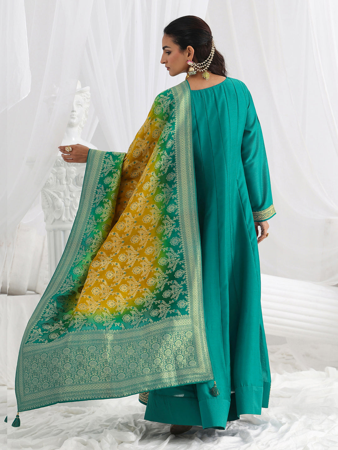 Green Embroidered Silk A-Line Gown With Dupatta