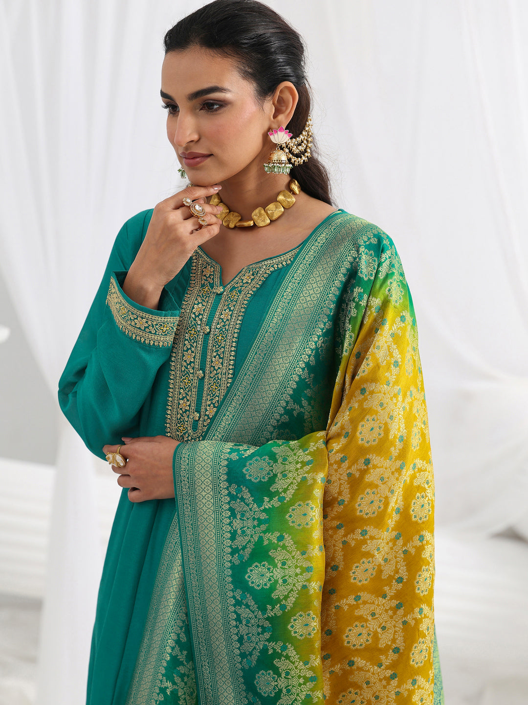 Green Embroidered Silk A-Line Gown With Dupatta