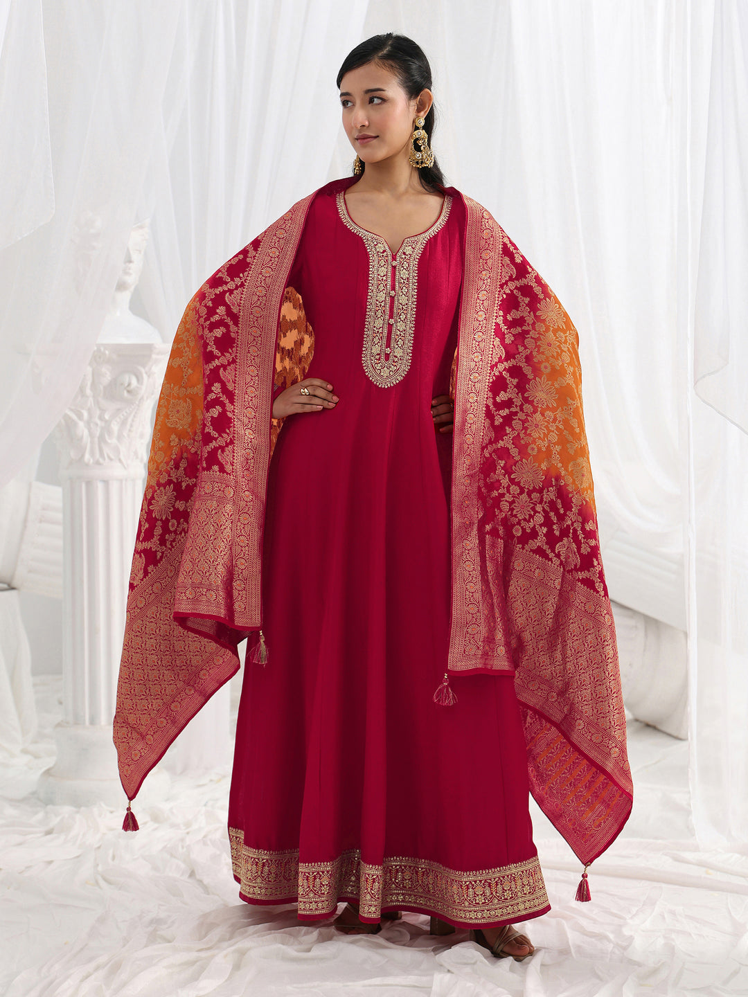 Libas Red Embroidered Silk A-Line Gown With Dupatta