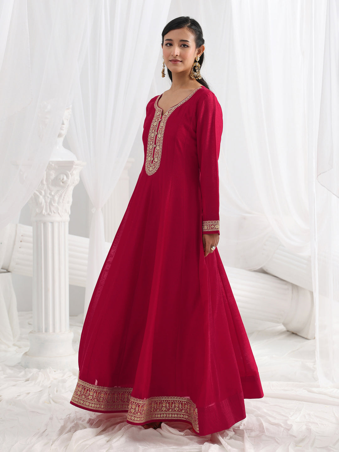 Libas Red Embroidered Silk A-Line Gown With Dupatta