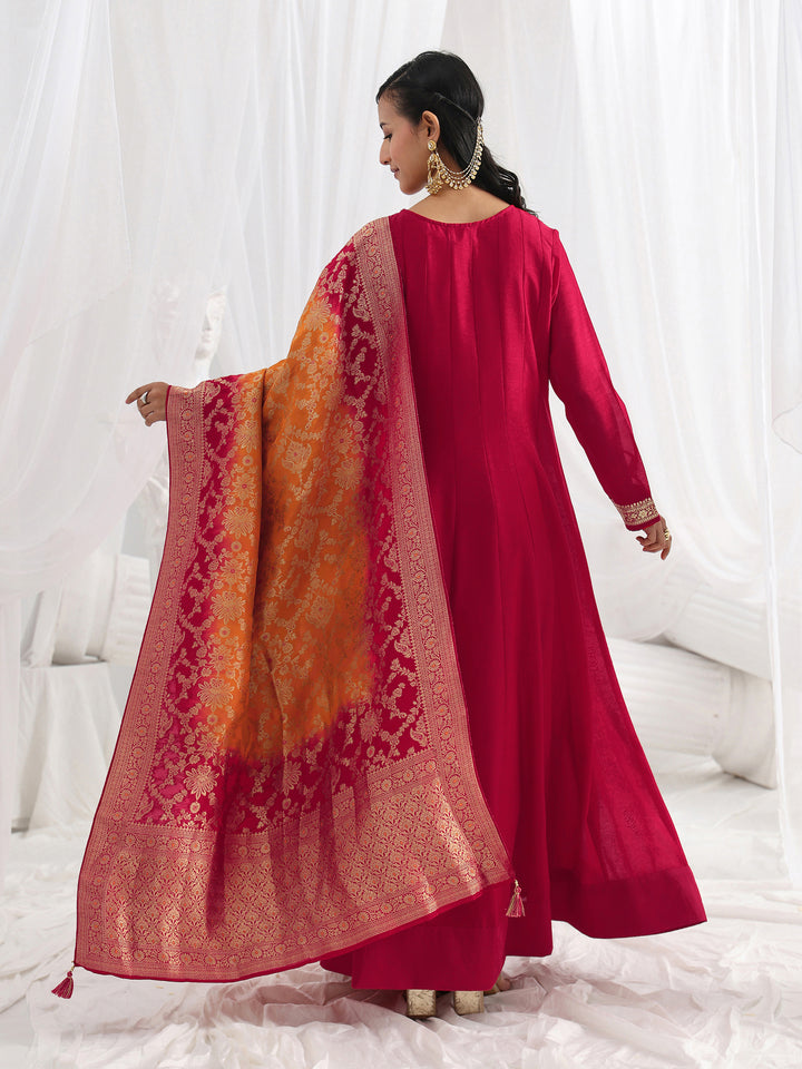 Libas Red Embroidered Silk A-Line Gown With Dupatta