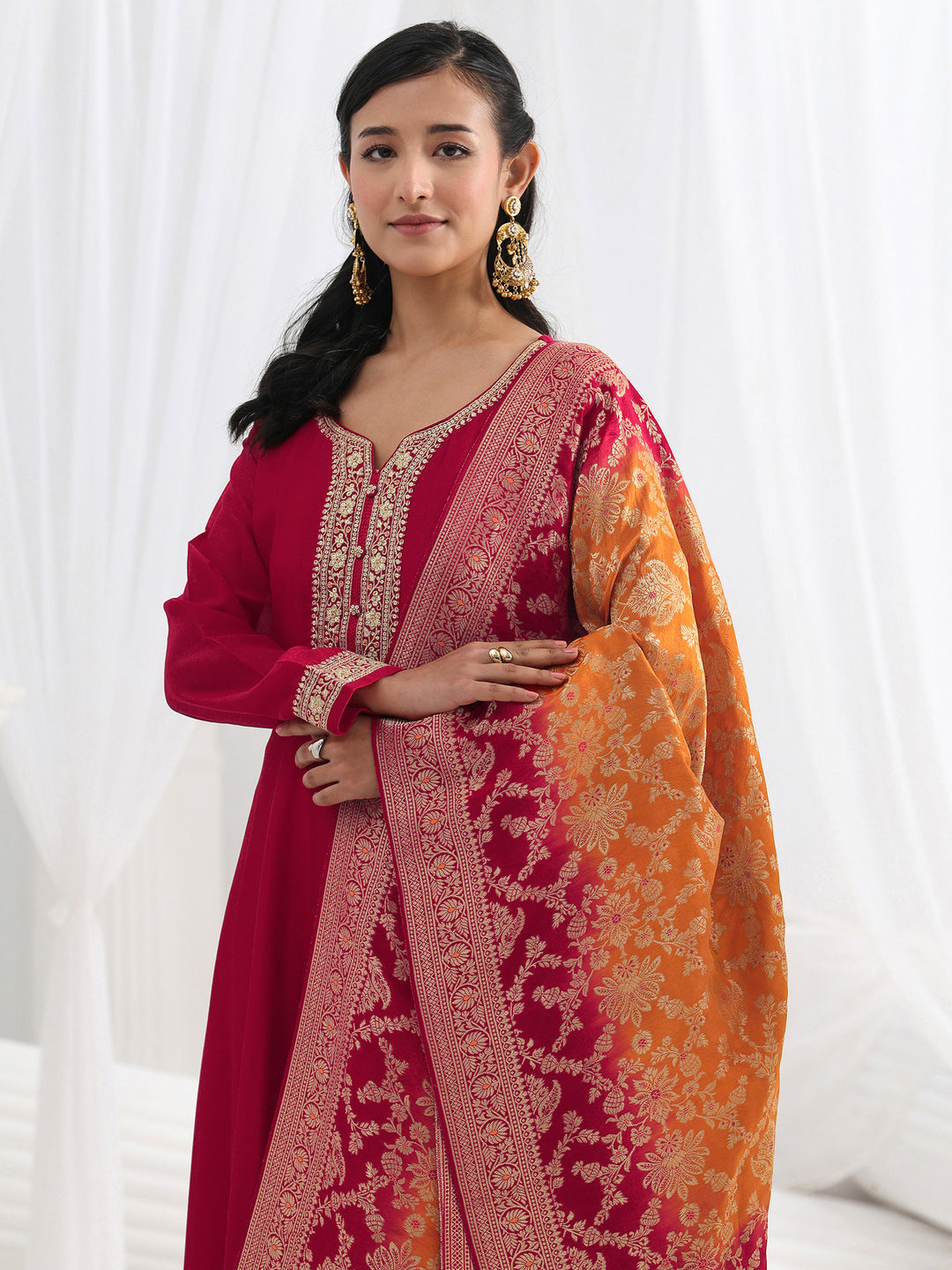 Libas Red Embroidered Silk A-Line Gown With Dupatta