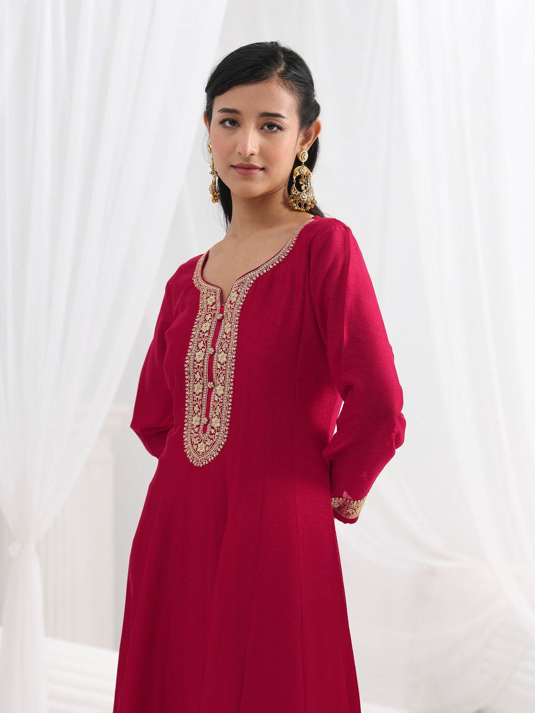 Libas Red Embroidered Silk A-Line Gown With Dupatta