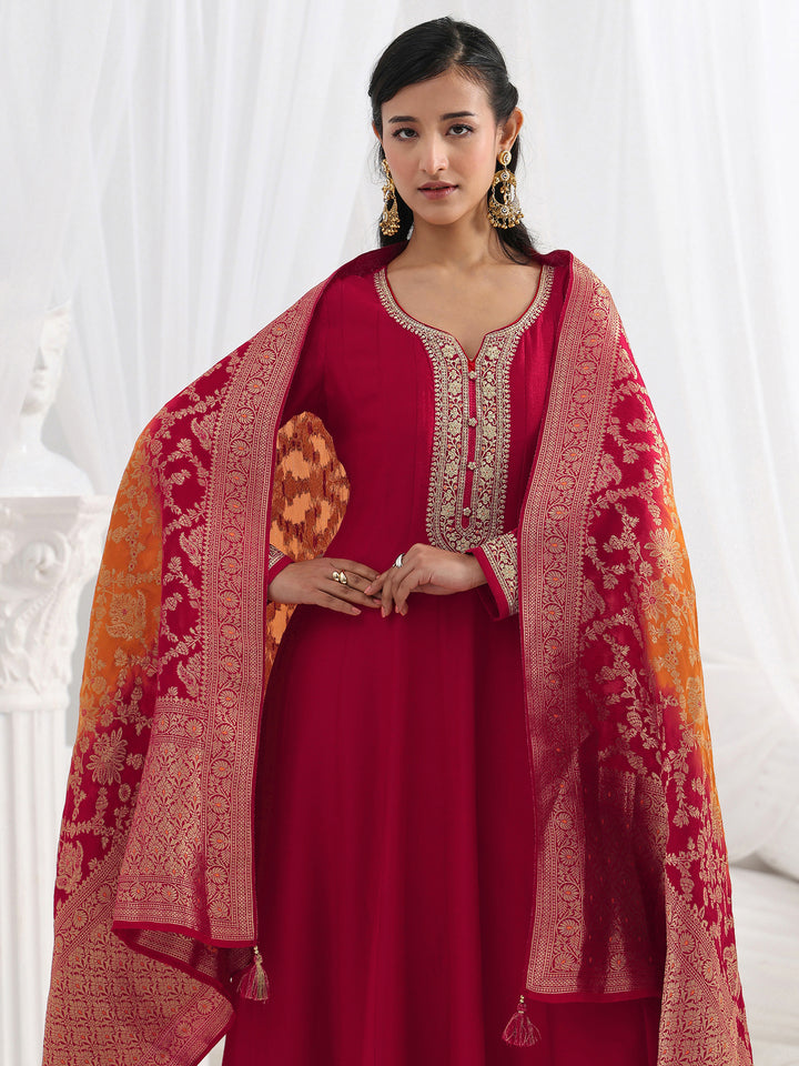 Libas Red Embroidered Silk A-Line Gown With Dupatta