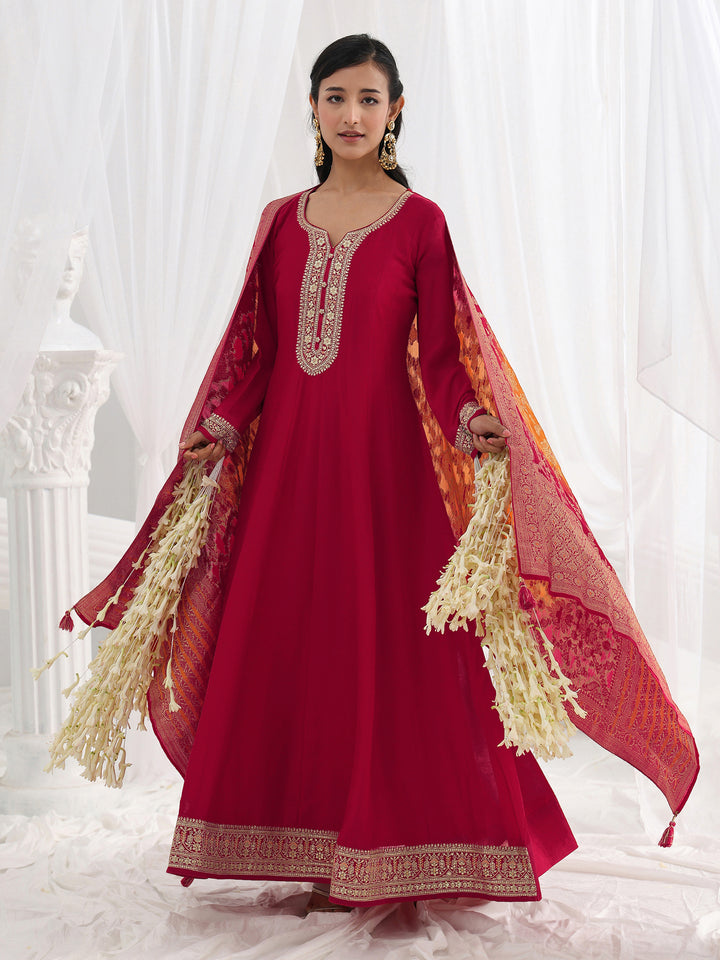 Libas Red Embroidered Silk A-Line Gown With Dupatta