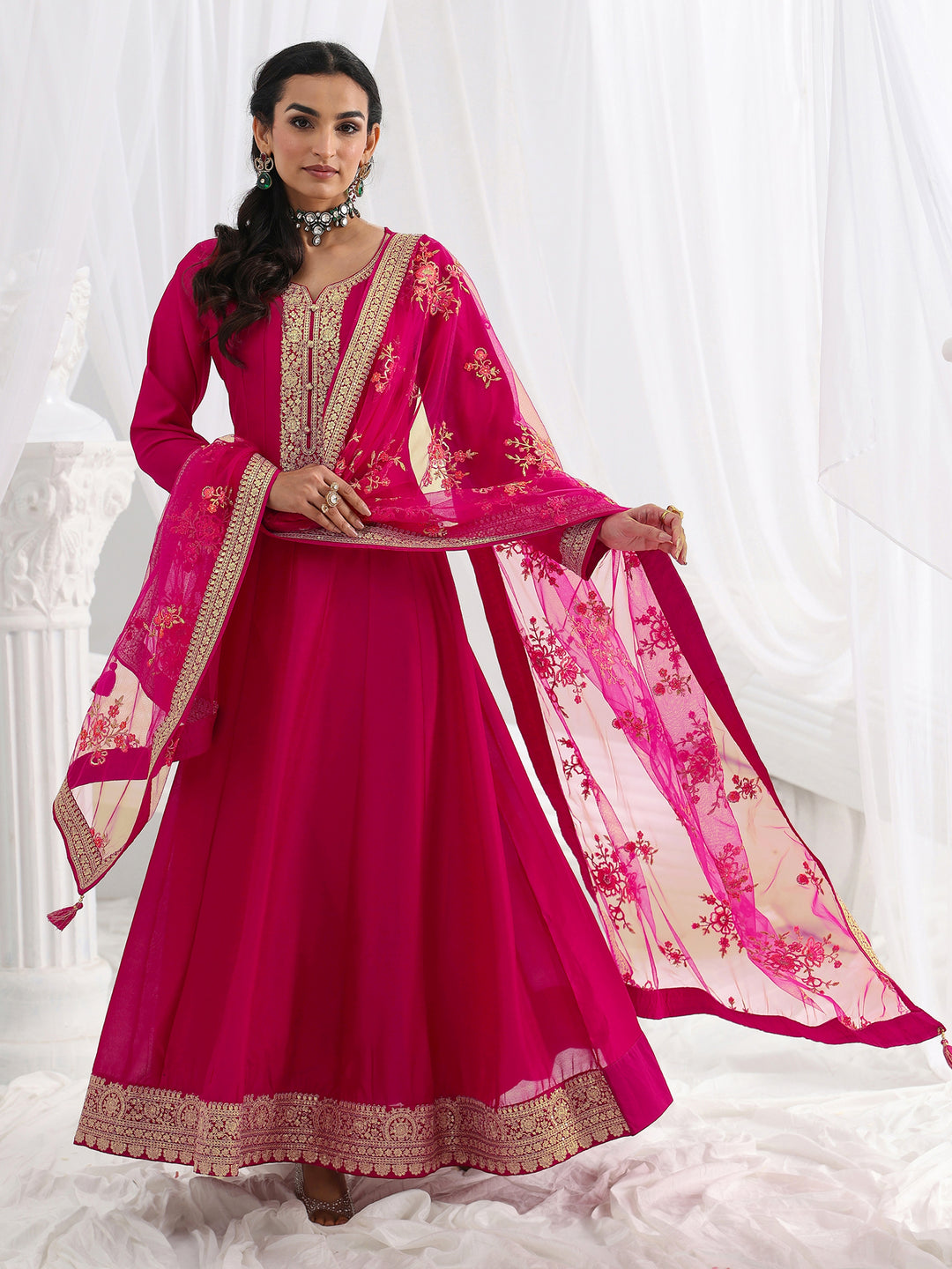 Pink Embroidered Silk A-Line Gown With Dupatta