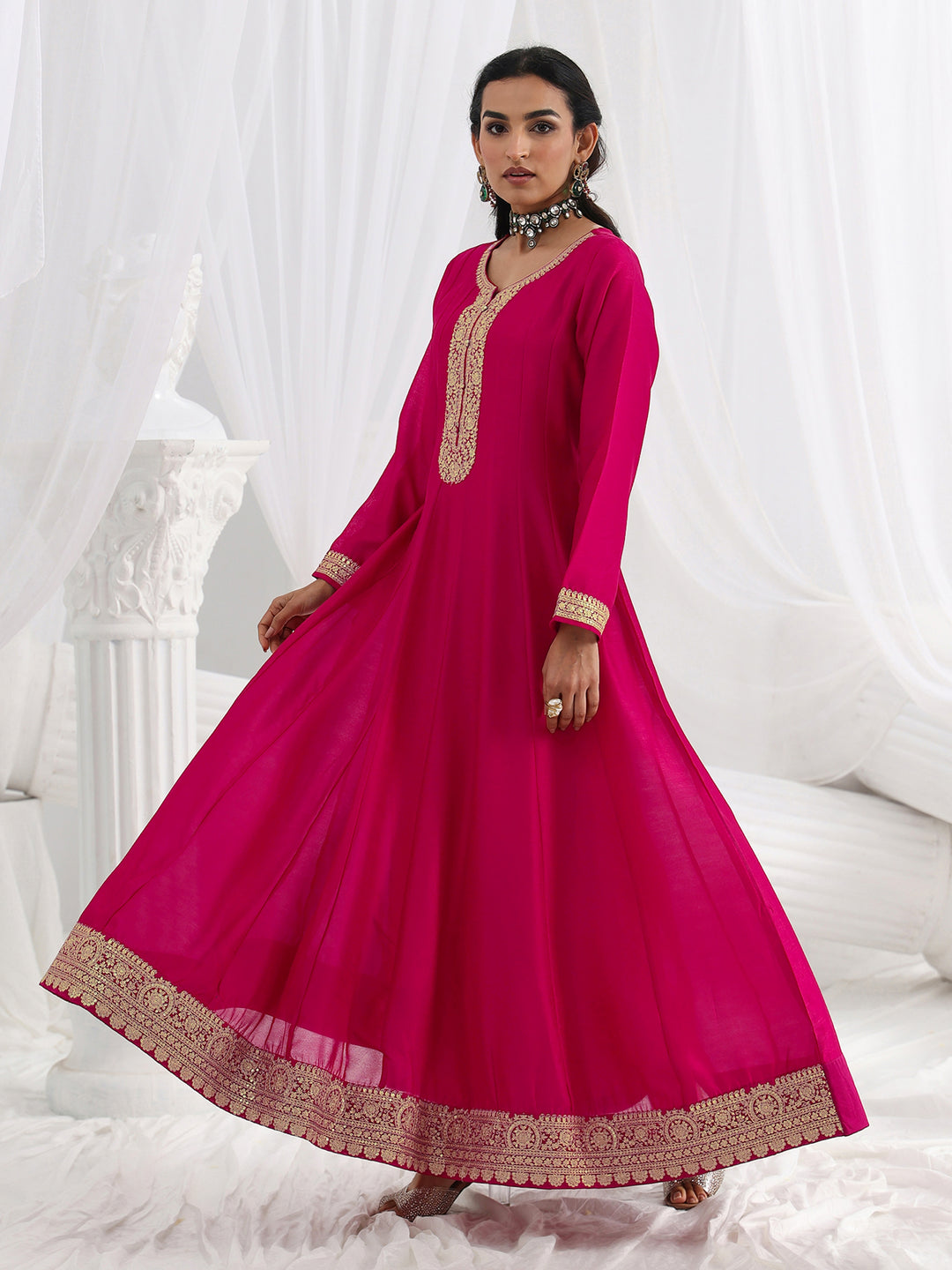 Pink Embroidered Silk A-Line Gown With Dupatta