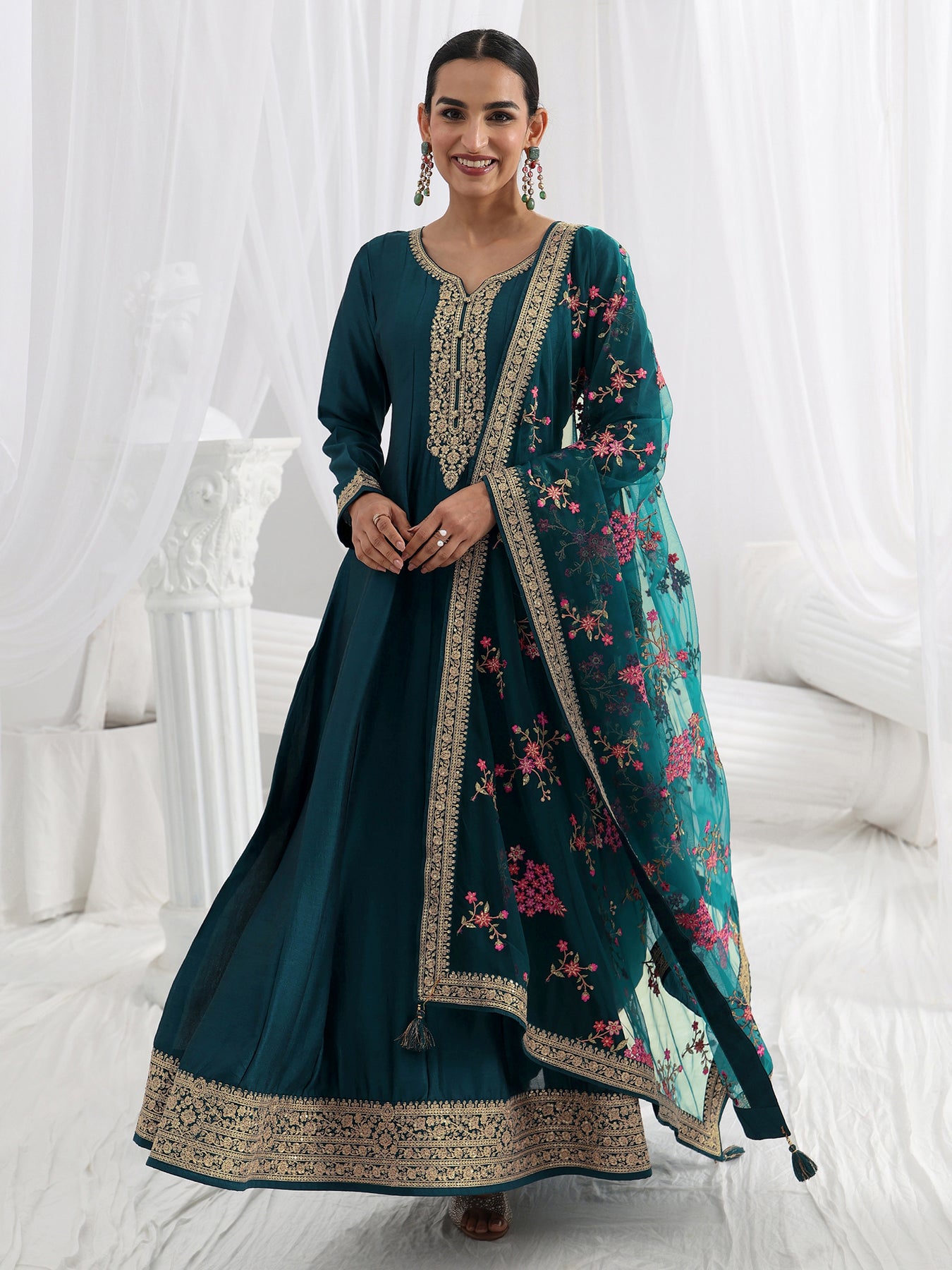 Buy Libas Navy Blue Embroidered Silk A-Line Gown With Dupatta Online in USA at $48.00