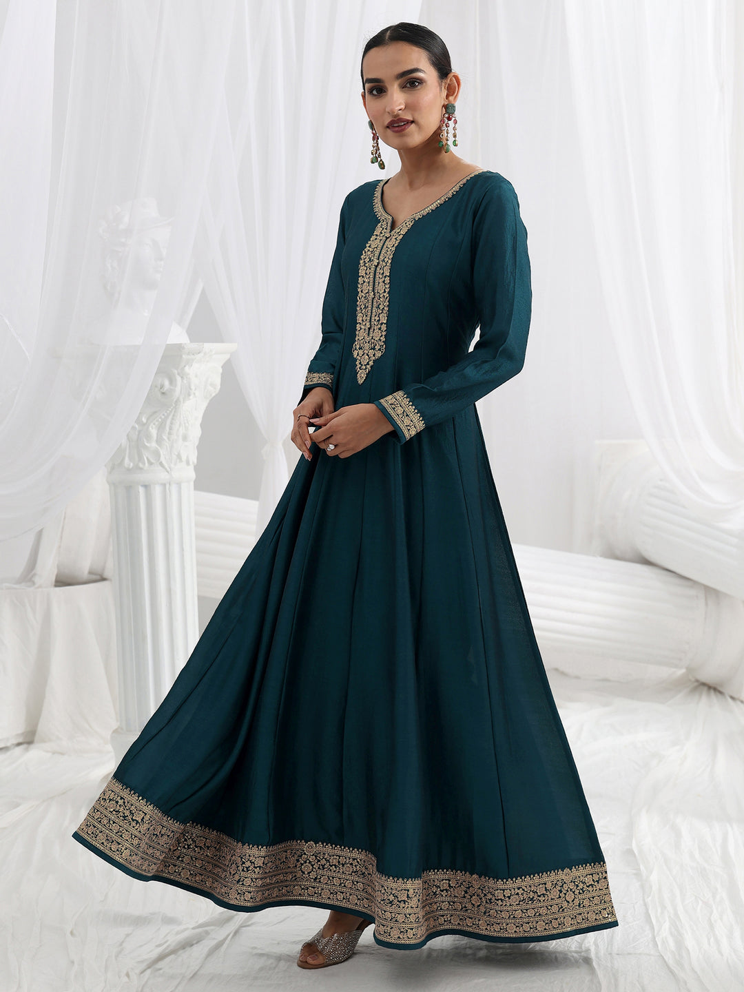 Navy Blue Embroidered Silk A-Line Gown With Dupatta