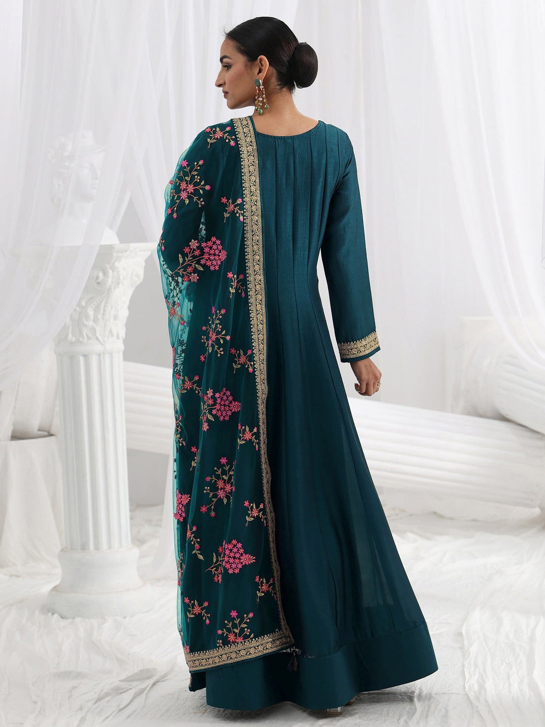 Navy Blue Embroidered Silk A-Line Gown With Dupatta