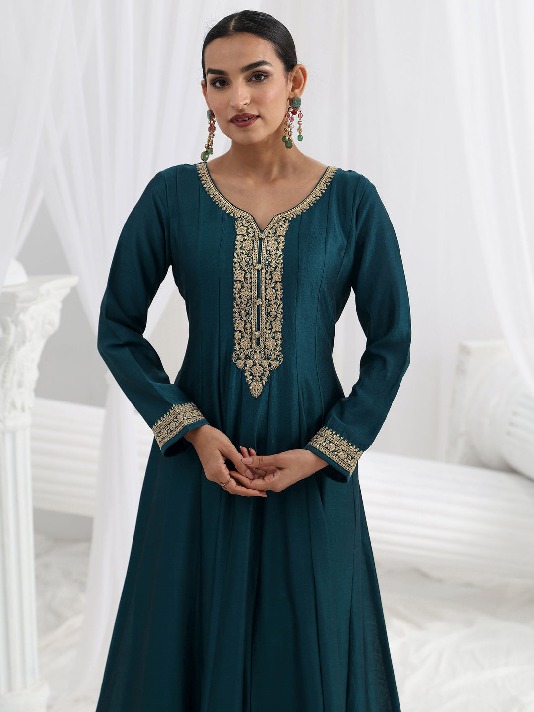 Navy Blue Embroidered Silk A-Line Gown With Dupatta
