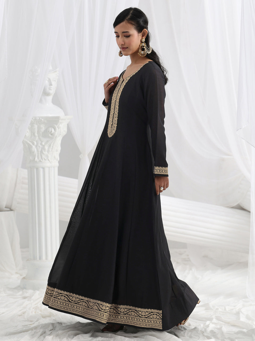 Black Embroidered Silk A-Line Gown With Dupatta