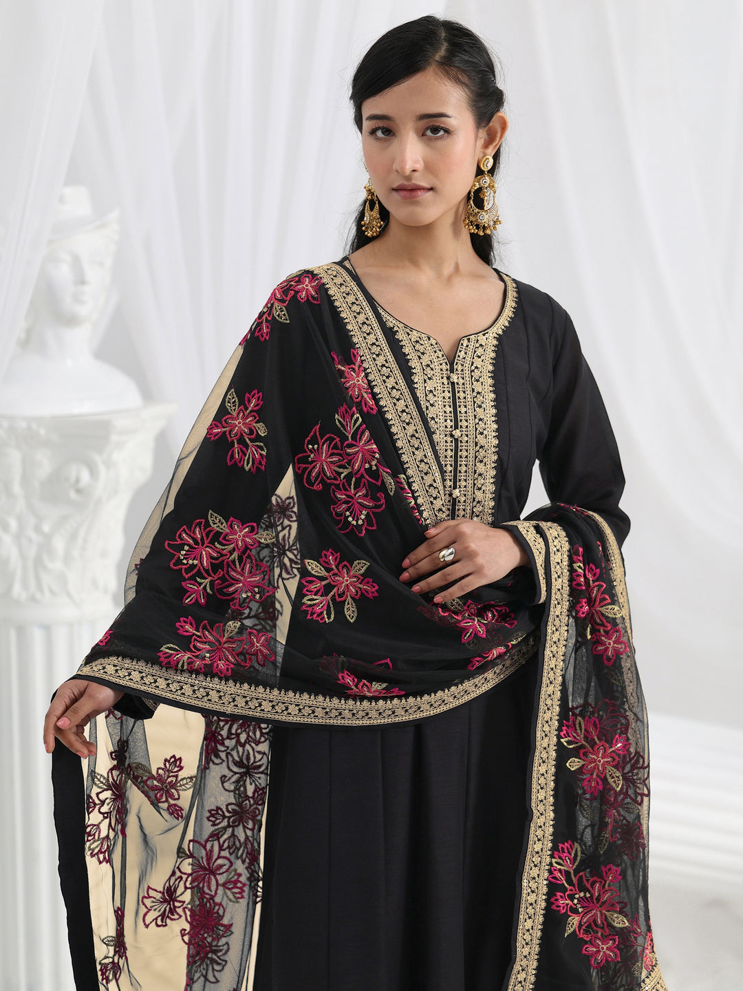 Black Embroidered Silk A-Line Gown With Dupatta