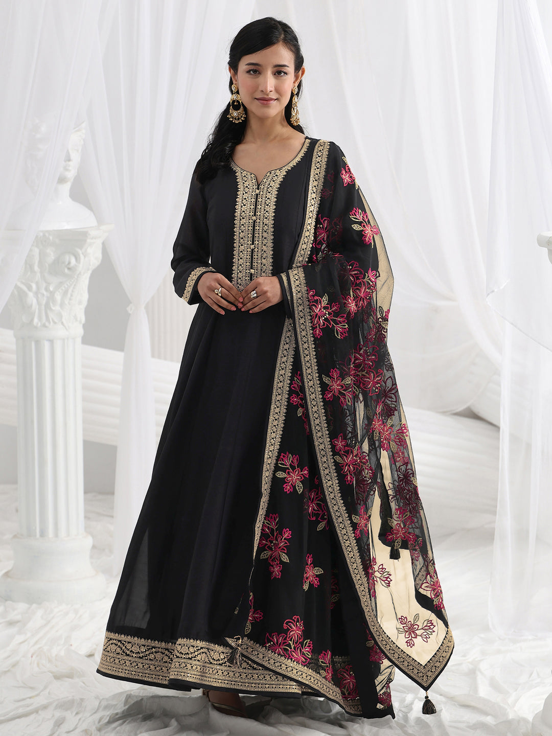 Black Embroidered Silk A-Line Gown With Dupatta