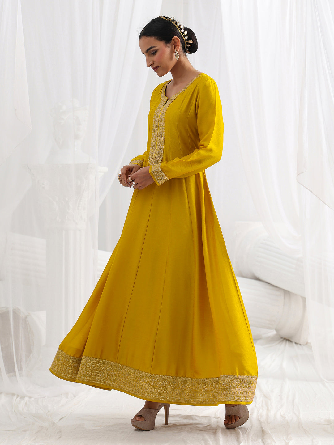 Mustard Embroidered Silk A-Line Gown With Dupatta