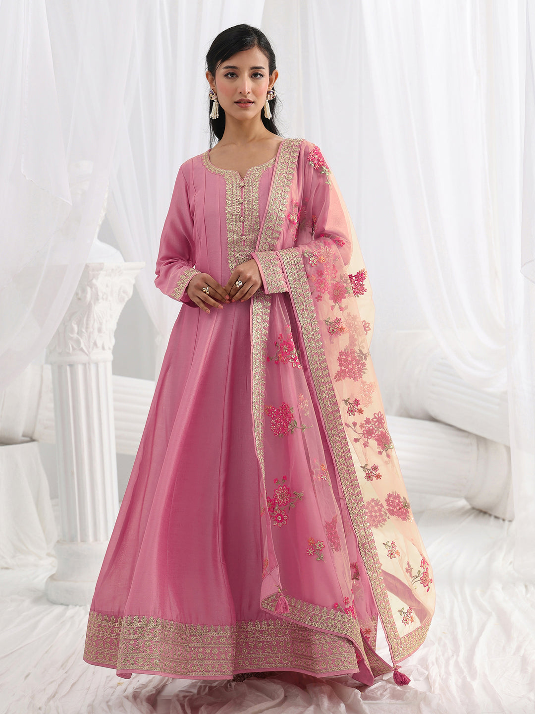 Pink Embroidered Silk A-Line Gown With Dupatta
