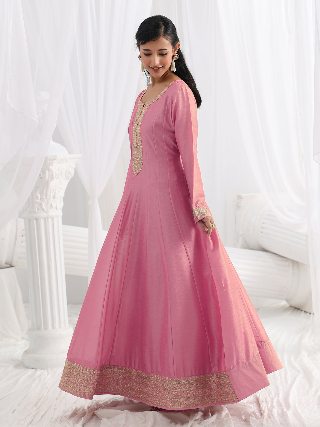 Pink Embroidered Silk A-Line Gown With Dupatta