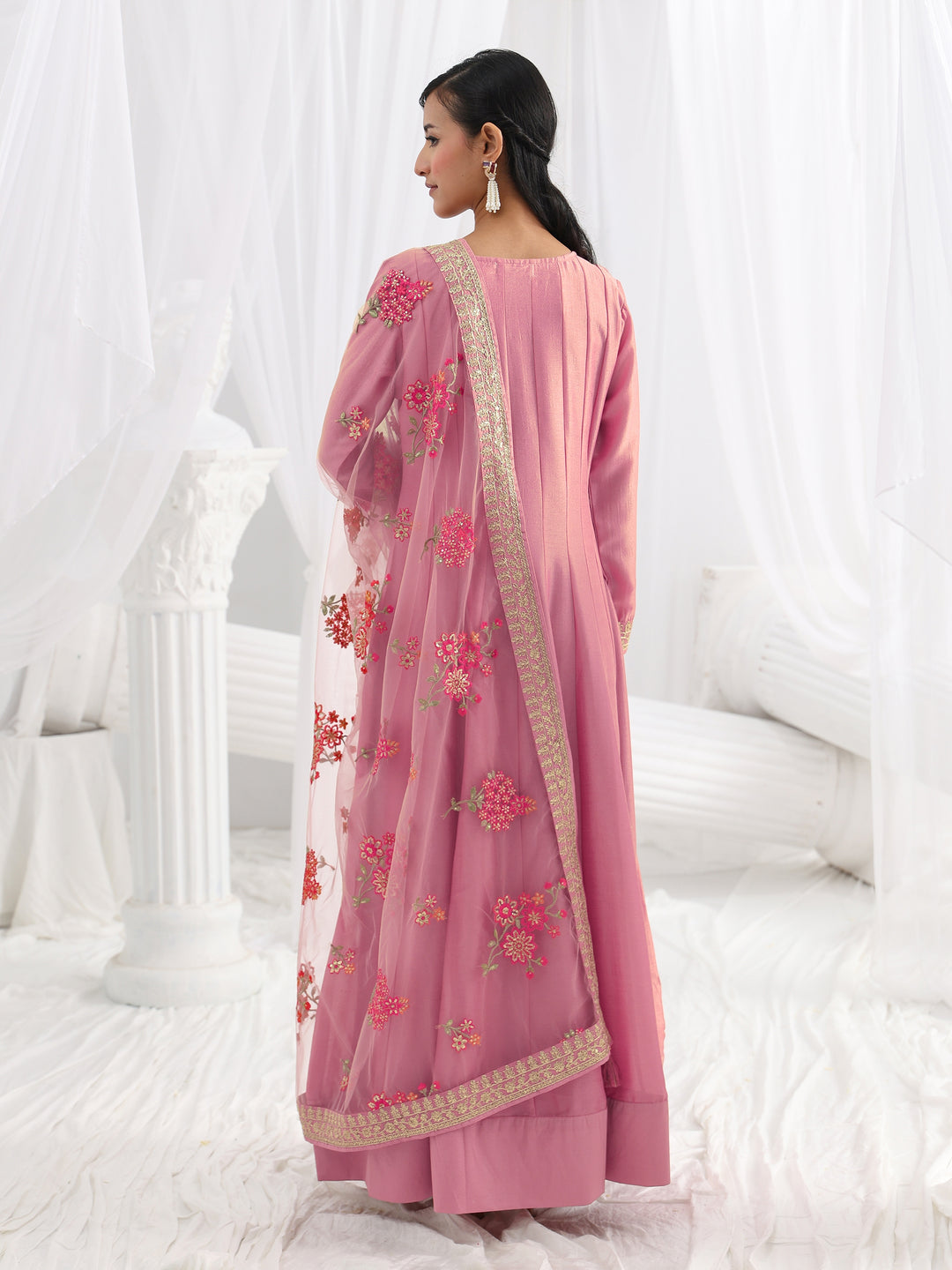 Pink Embroidered Silk A-Line Gown With Dupatta