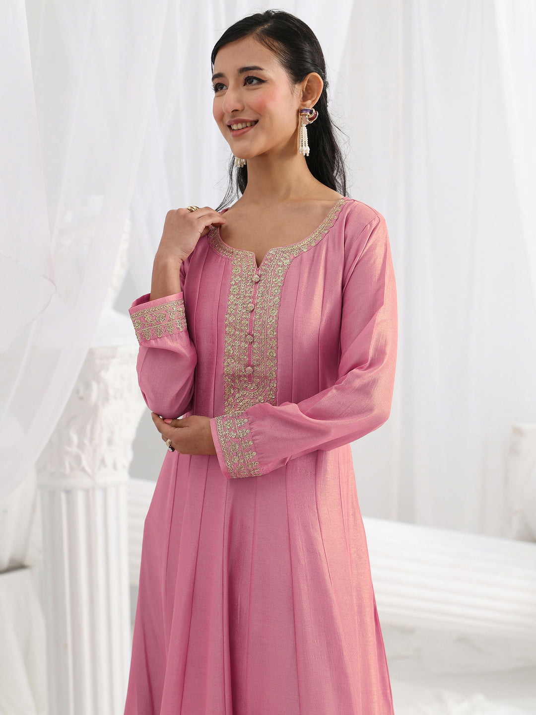 Pink Embroidered Silk A-Line Gown With Dupatta