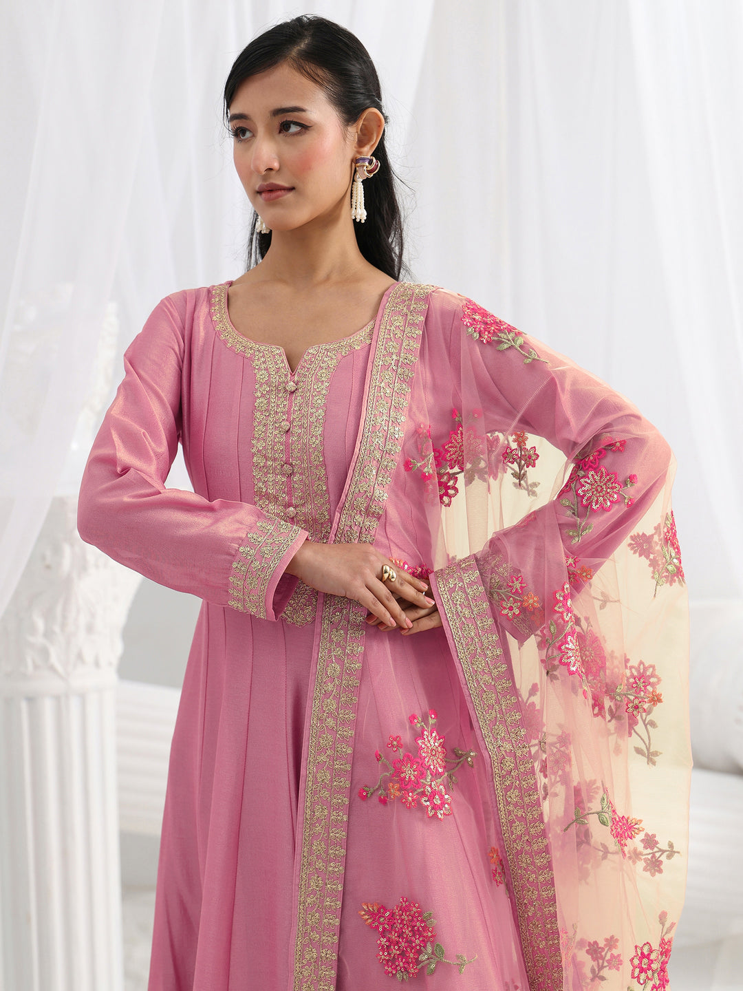 Pink Embroidered Silk A-Line Gown With Dupatta