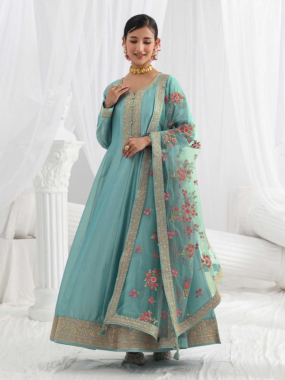 Blue Embroidered Silk A-Line Gown With Dupatta