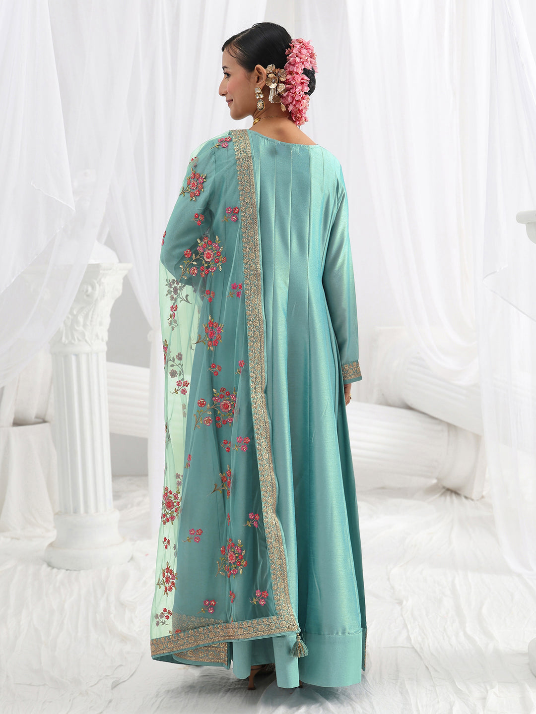 Blue Embroidered Silk A-Line Gown With Dupatta