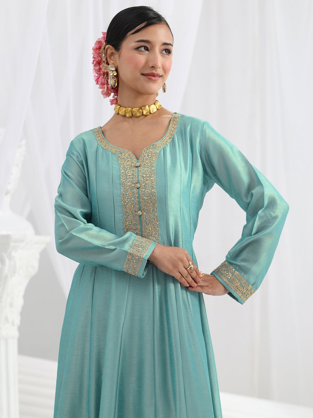 Blue Embroidered Silk A-Line Gown With Dupatta