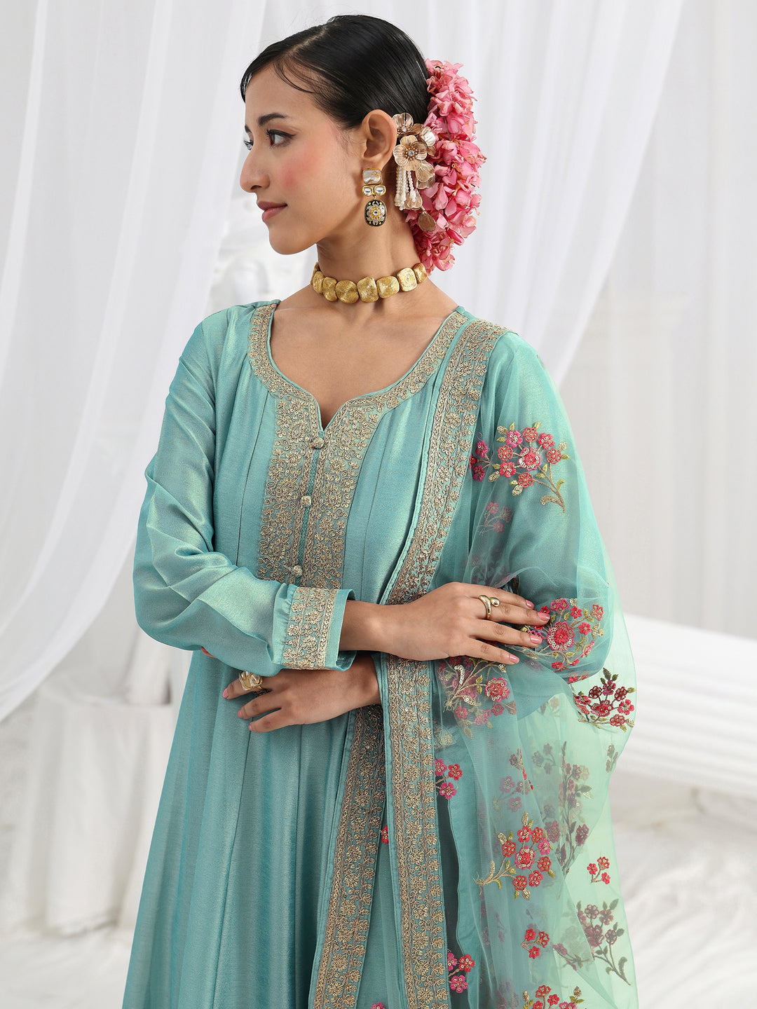 Blue Embroidered Silk A-Line Gown With Dupatta