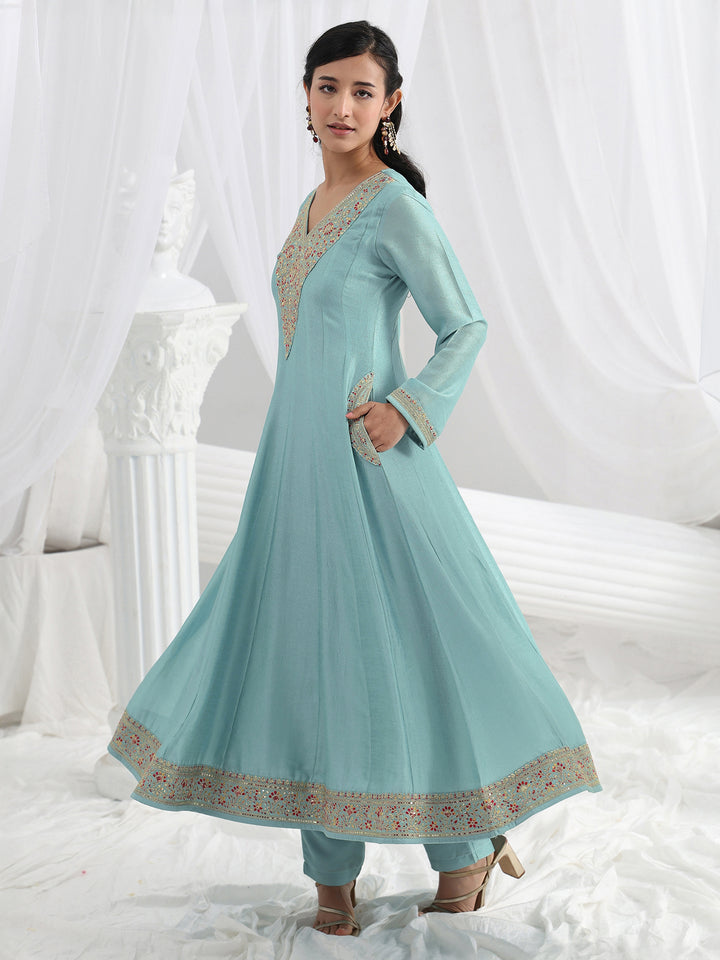 Blue Embroidered Silk Blend A-Line Suit Set With Dupatta