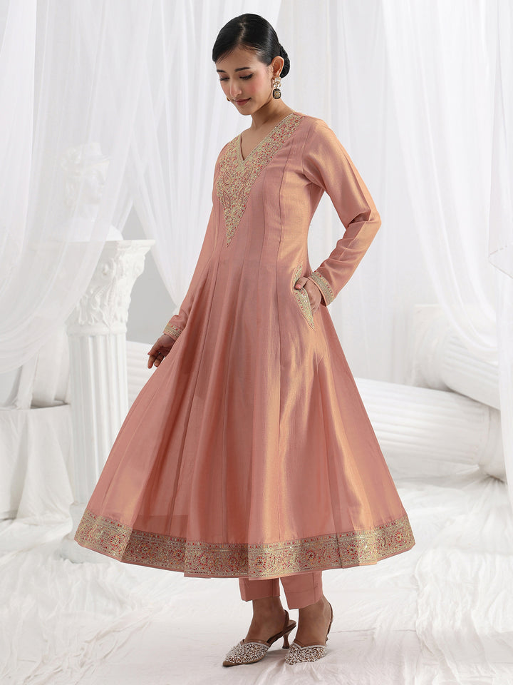 Mauve Embroidered Silk Blend A-Line Suit Set With Dupatta