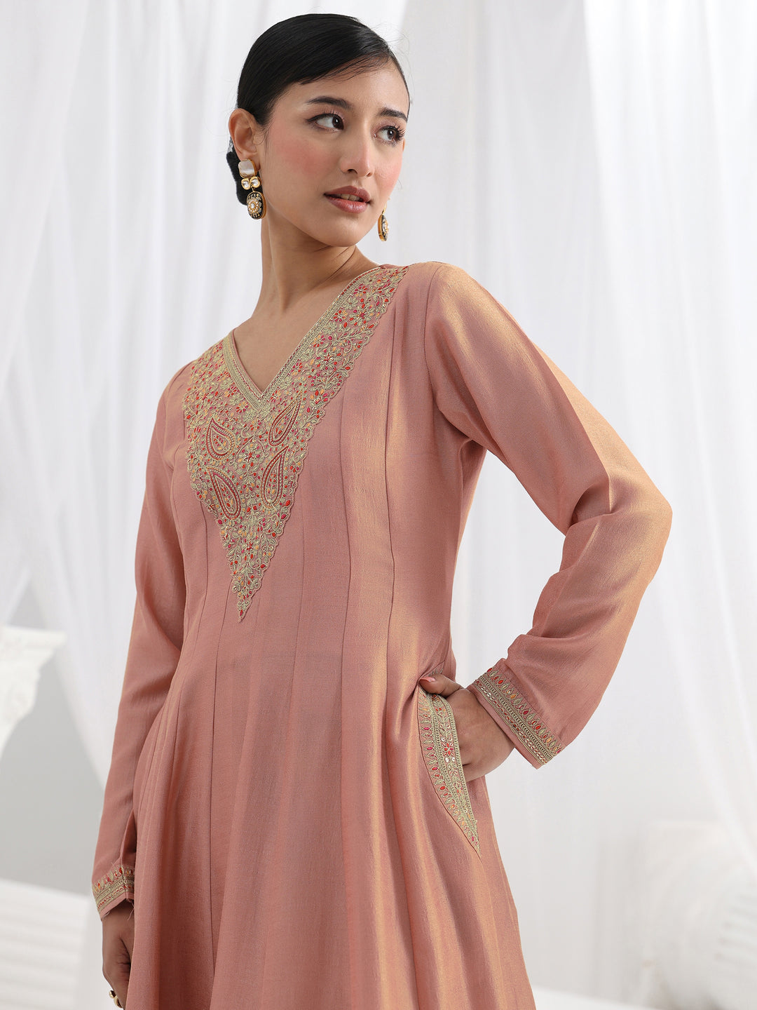 Mauve Embroidered Silk Blend A-Line Suit Set With Dupatta