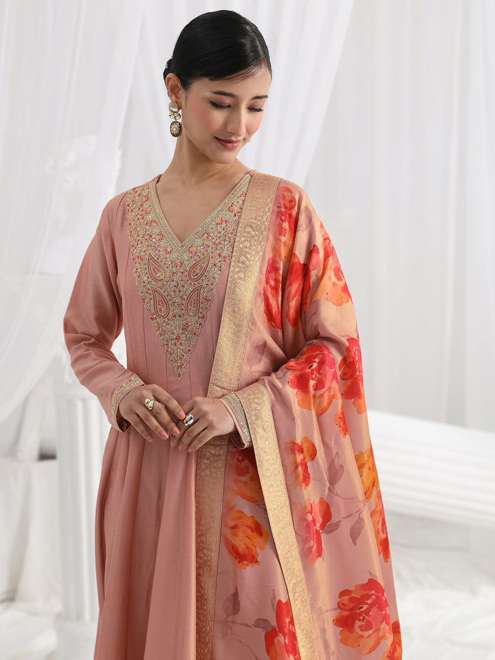 Mauve Embroidered Silk Blend A-Line Suit Set With Dupatta