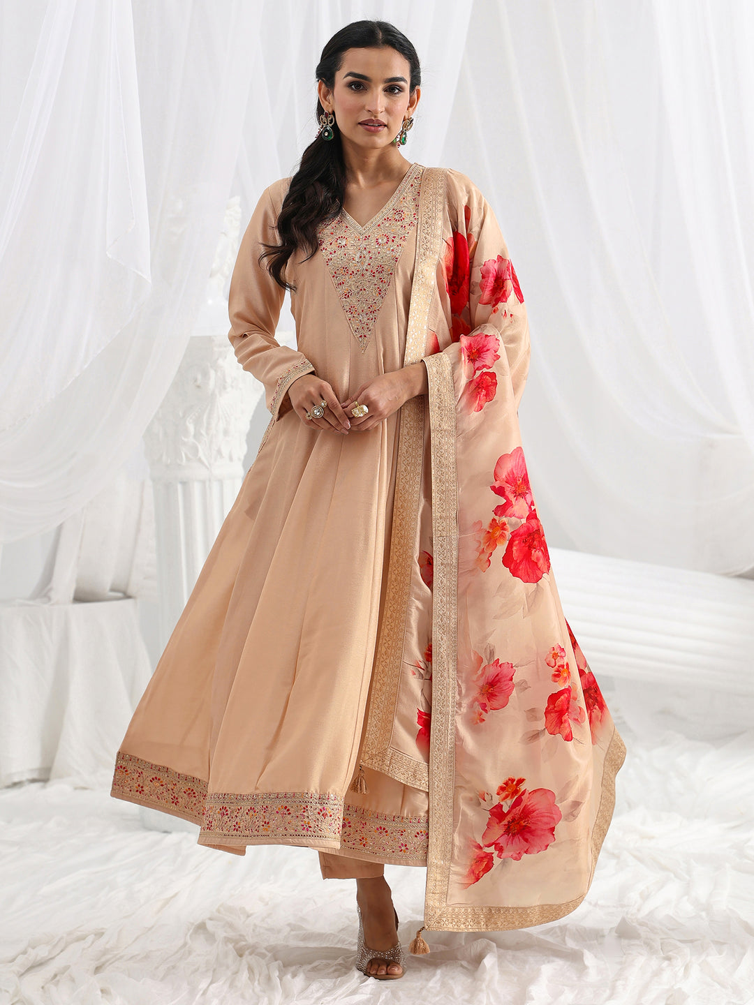 Beige Embroidered Silk Blend A-Line Suit Set With Dupatta