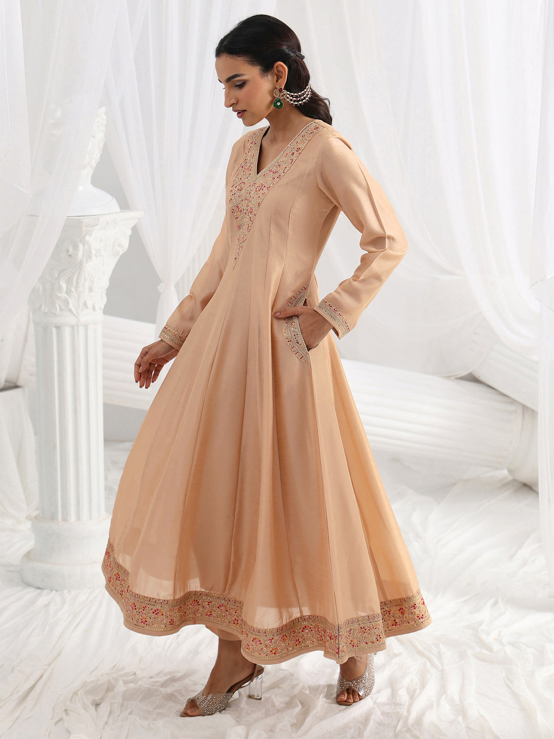 Beige Embroidered Silk Blend A-Line Suit Set With Dupatta