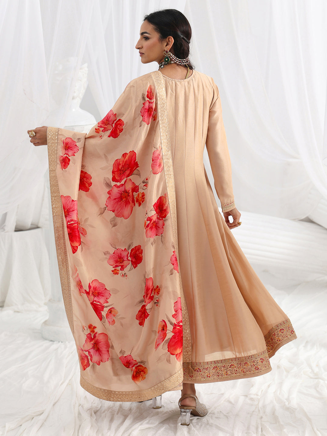 Beige Embroidered Silk Blend A-Line Suit Set With Dupatta