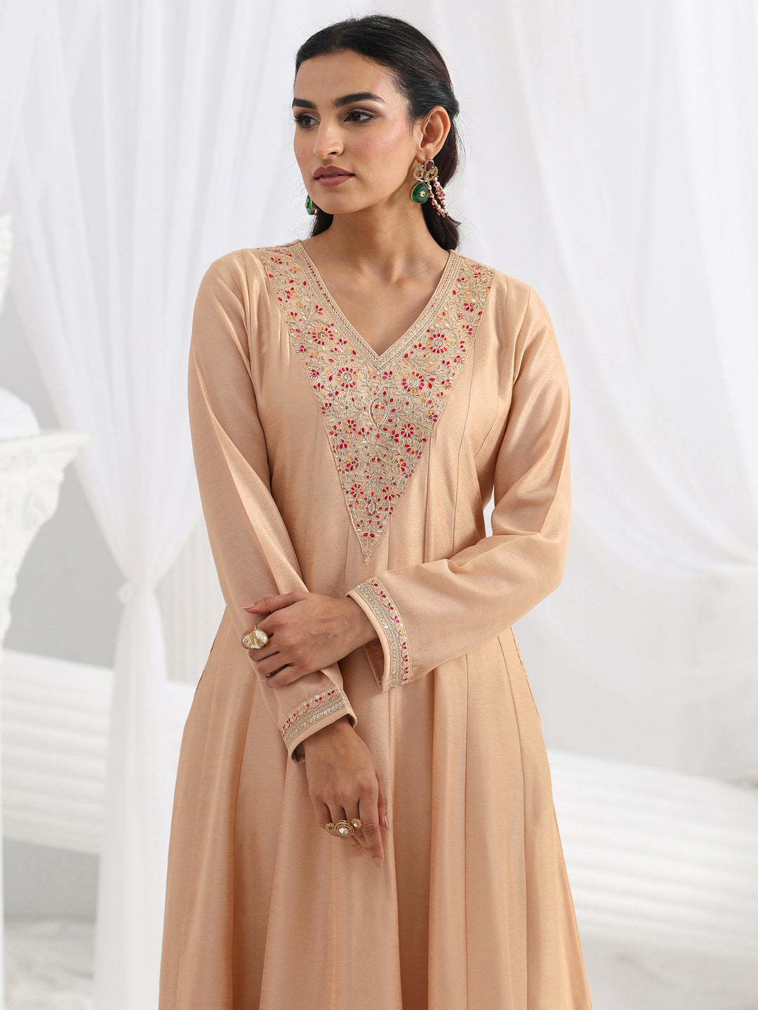 Beige Embroidered Silk Blend A-Line Suit Set With Dupatta