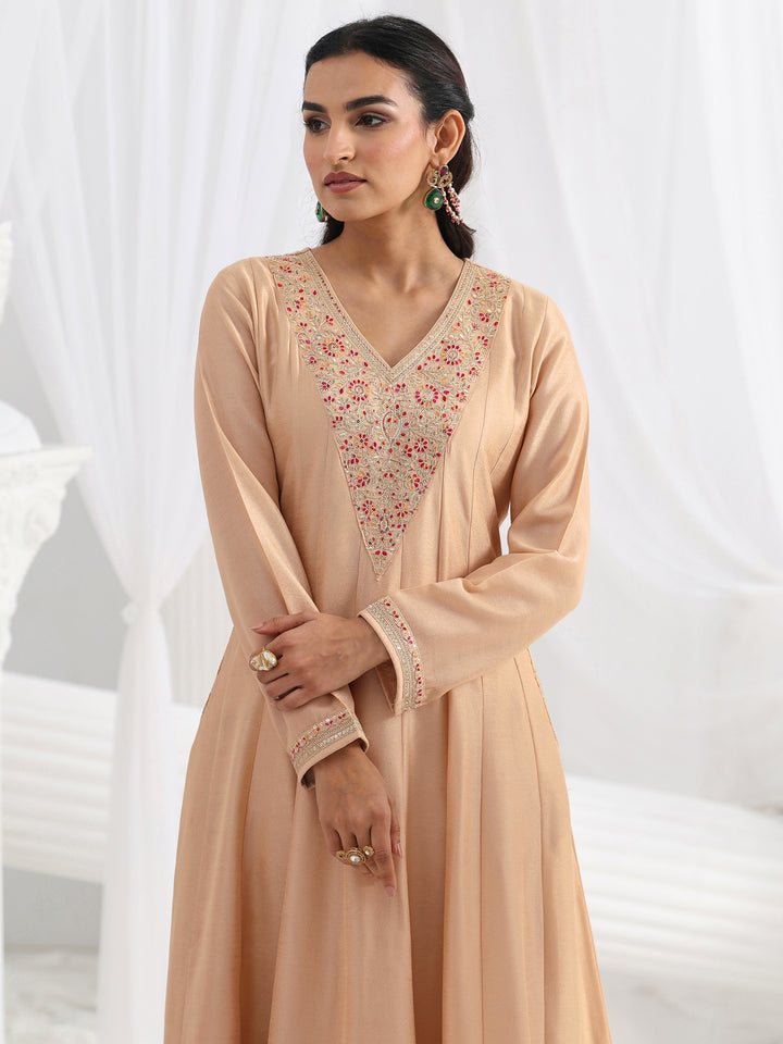 Beige Embroidered Silk Blend A-Line Suit Set With Dupatta