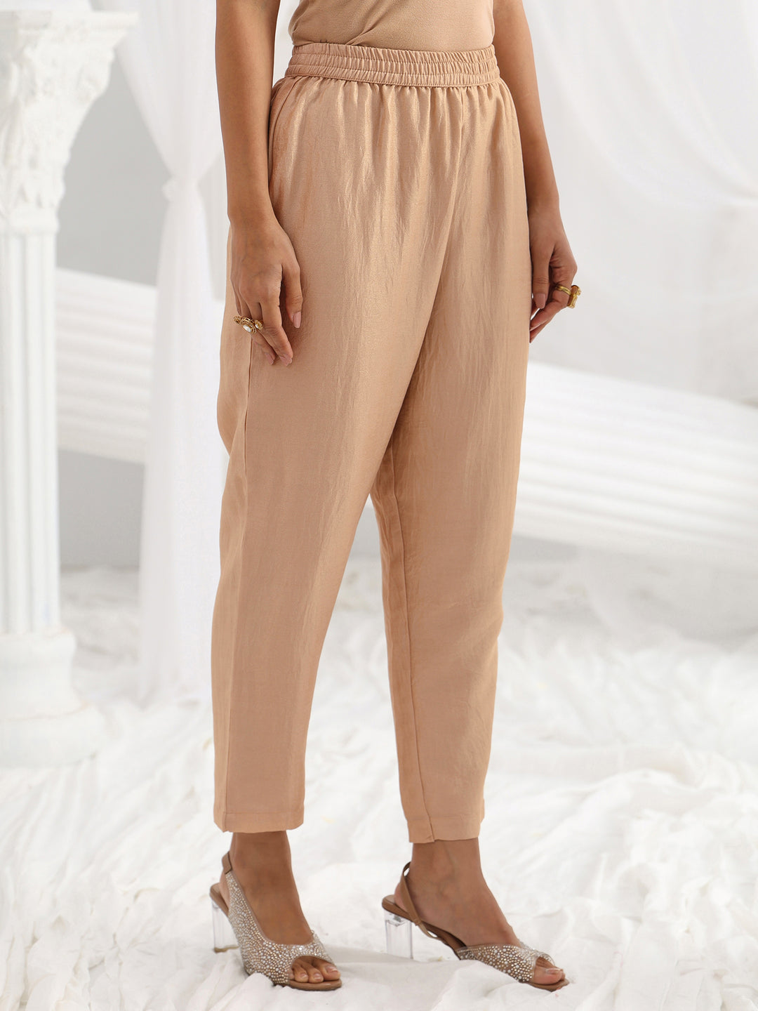 Beige Embroidered Silk Blend A-Line Suit Set With Dupatta