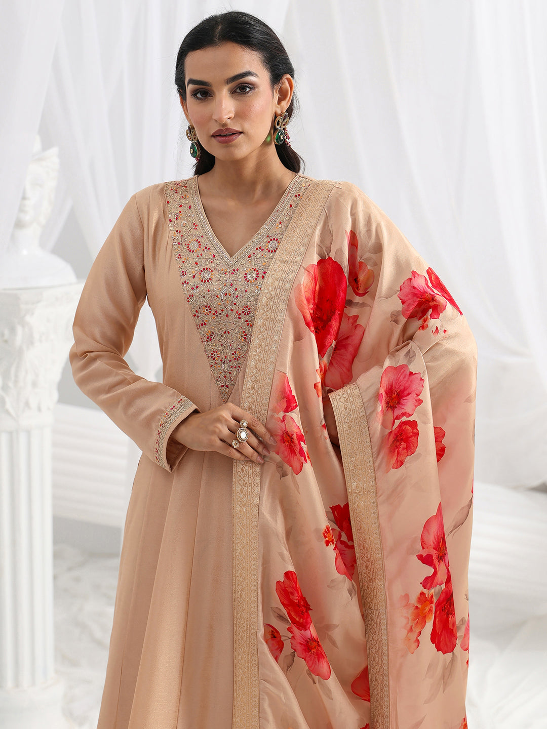 Beige Embroidered Silk Blend A-Line Suit Set With Dupatta