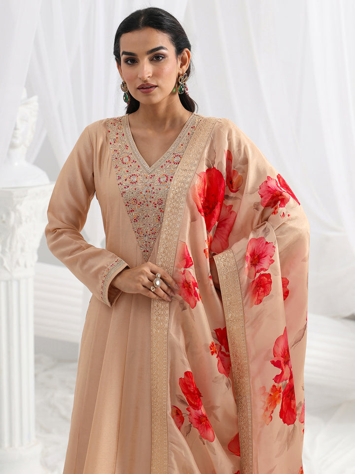 Beige Embroidered Silk Blend A-Line Suit Set With Dupatta