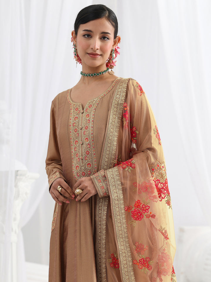 Brown Embroidered Silk Blend A-Line Suit Set With Dupatta