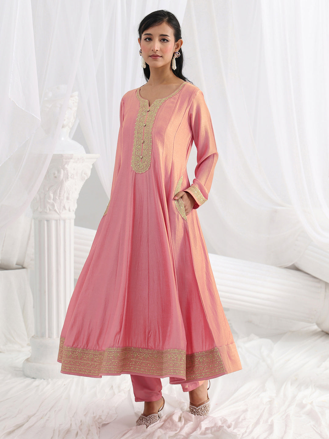 Pink Embroidered Silk Blend A-Line Suit Set With Dupatta