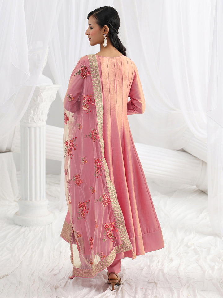 Pink Embroidered Silk Blend A-Line Suit Set With Dupatta