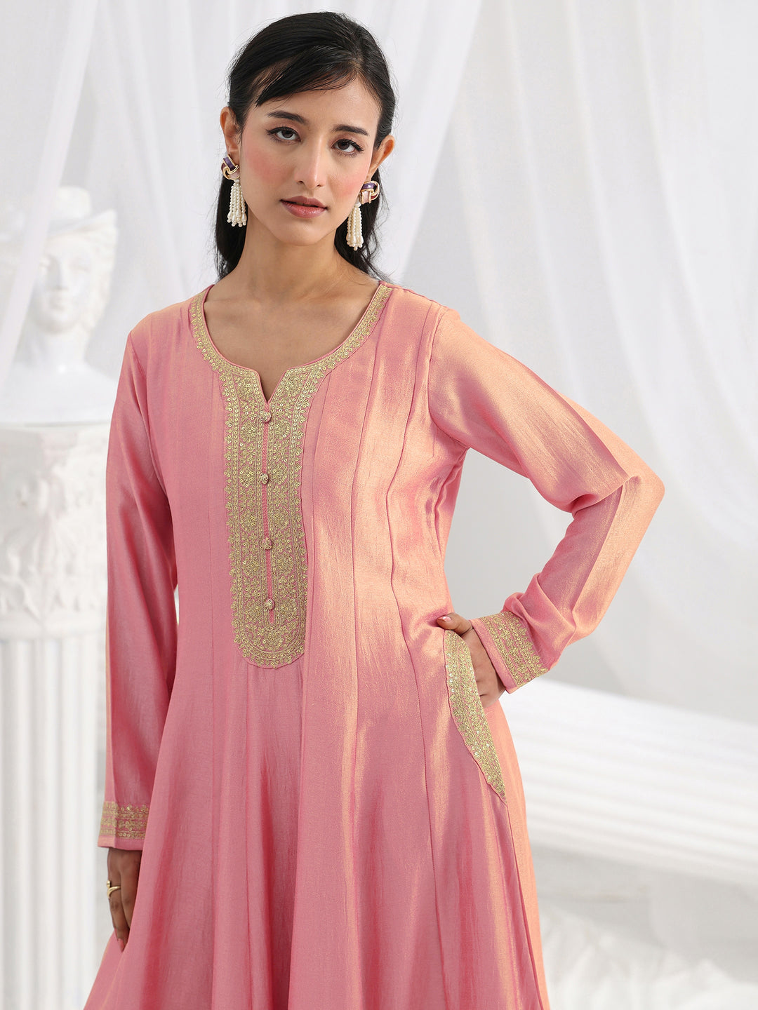 Pink Embroidered Silk Blend A-Line Suit Set With Dupatta