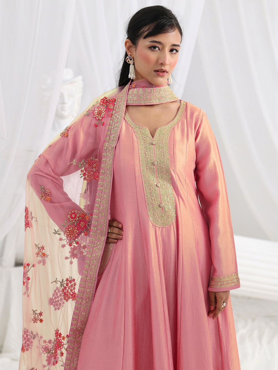 Pink Embroidered Silk Blend A-Line Suit Set With Dupatta