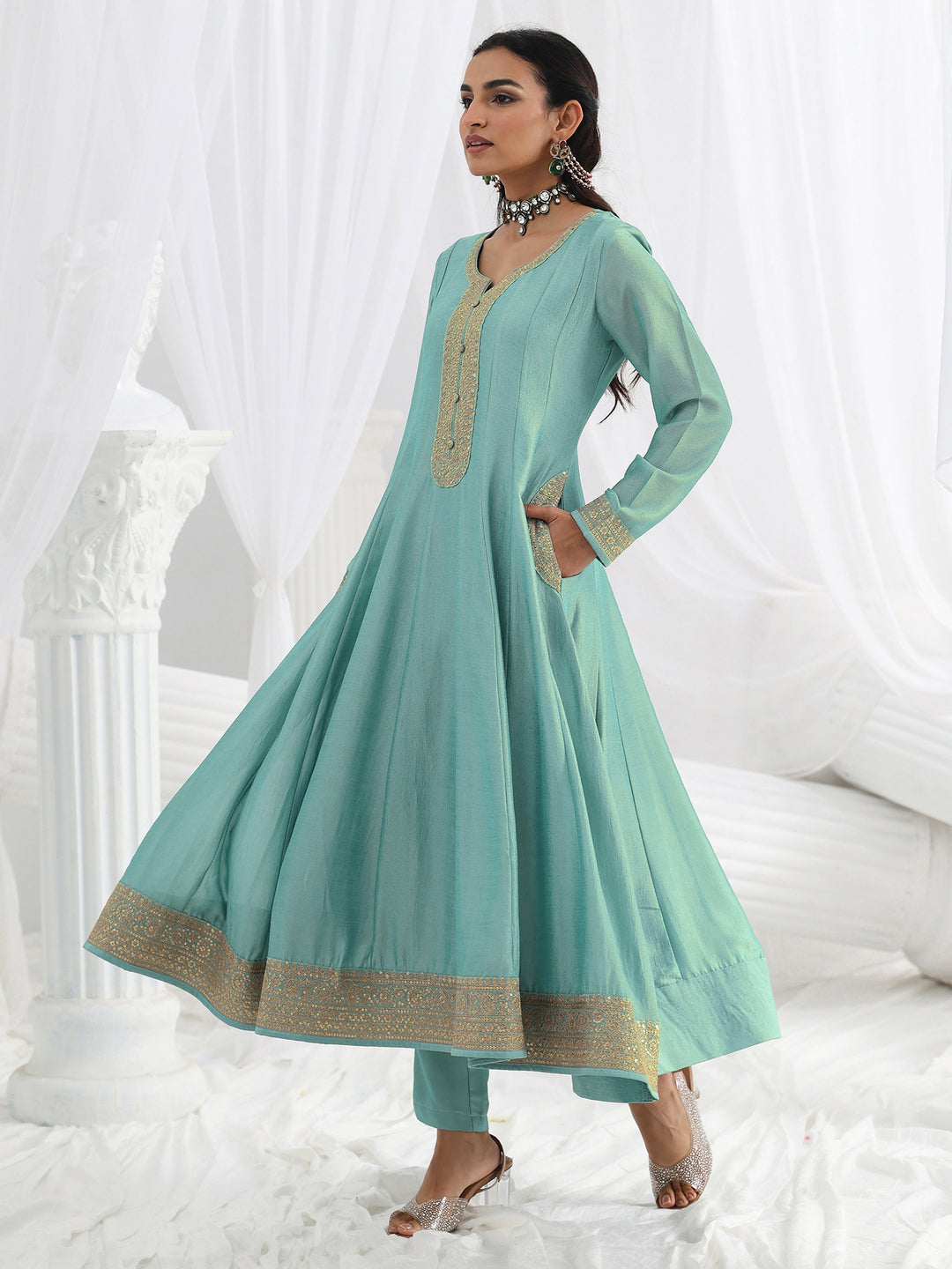 Blue Embroidered Silk Blend A-Line Suit Set With Dupatta