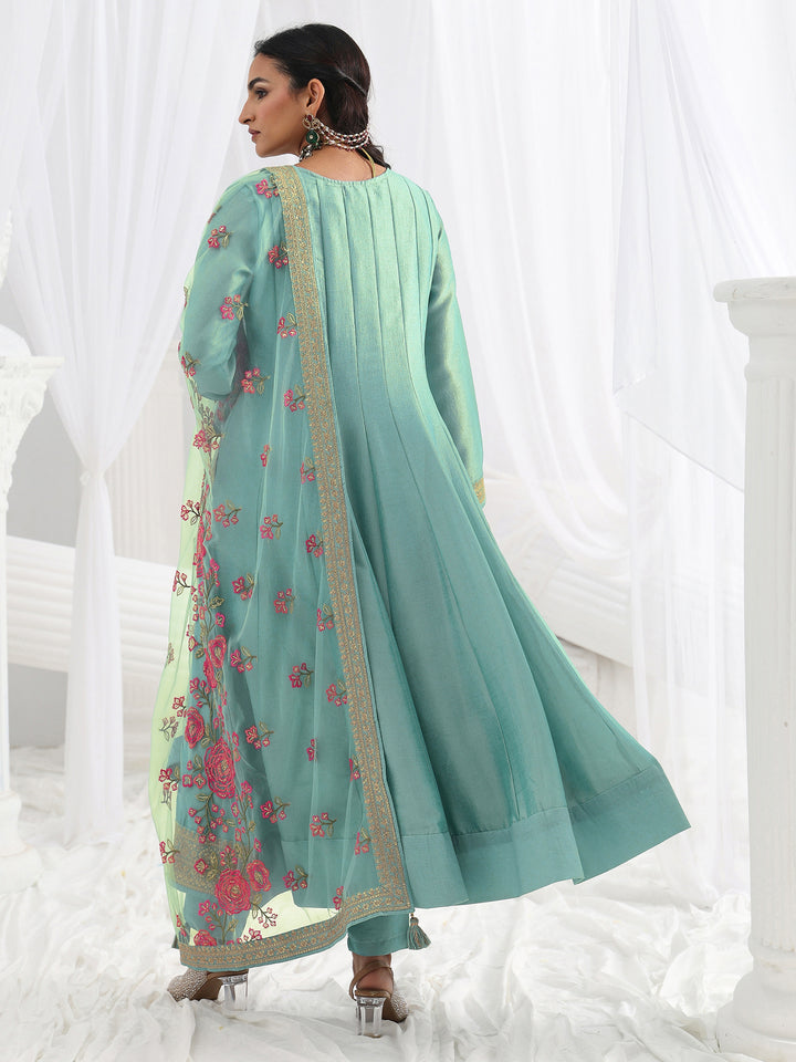 Blue Embroidered Silk Blend A-Line Suit Set With Dupatta
