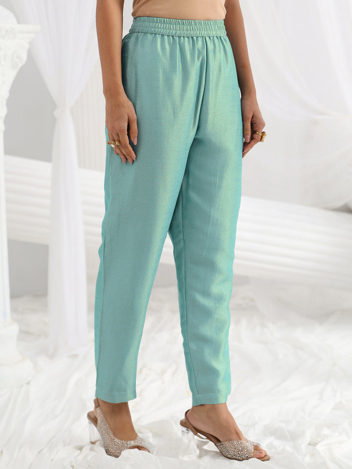 Blue Embroidered Silk Blend A-Line Suit Set With Dupatta