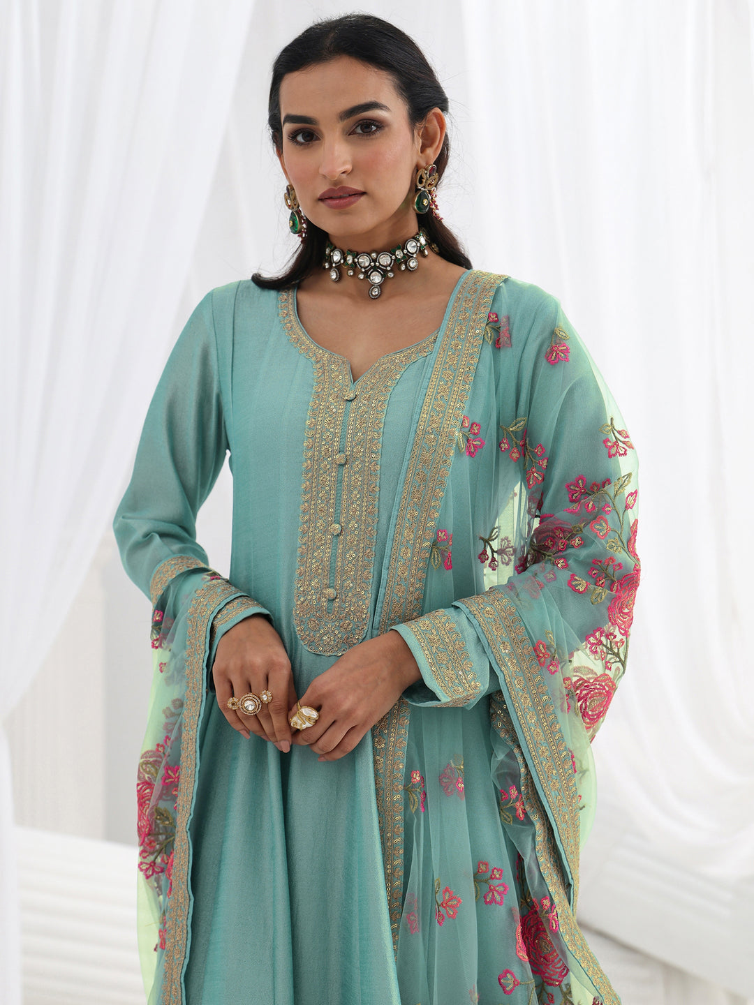 Blue Embroidered Silk Blend A-Line Suit Set With Dupatta