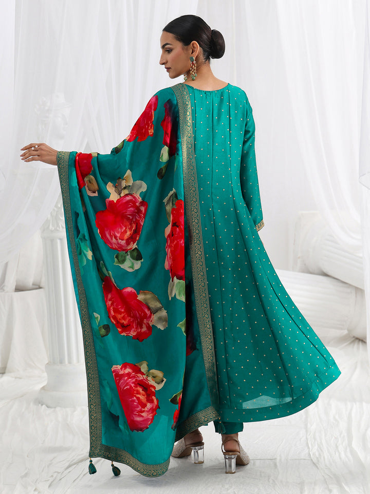 Green Embroidered Silk Blend A-Line Suit Set With Dupatta